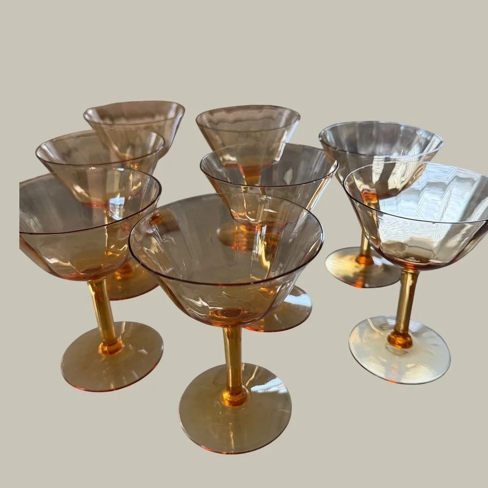Vintage Amber Glass Champagne Coupes Optic Rib Martini Glasses Set of 8 Decor